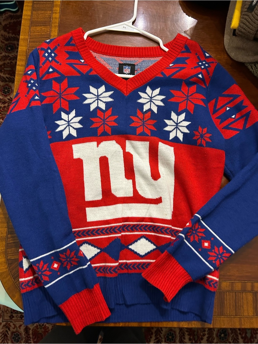 NFL Blue Red Holiday V-Neck Sweater with White Logo